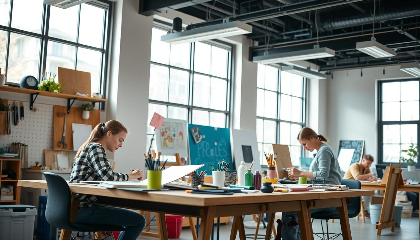 Students studying together in modern classroom